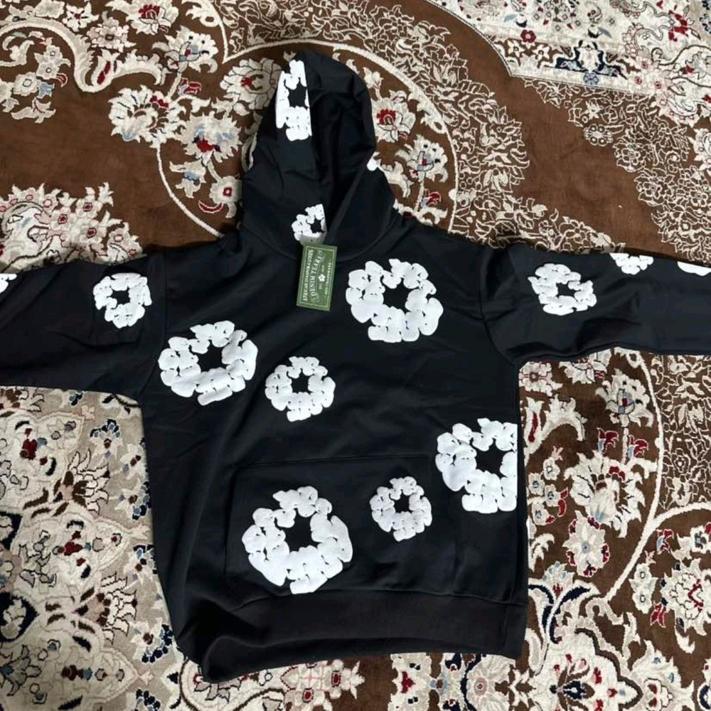 Black Hoodie with White Floral Pattern